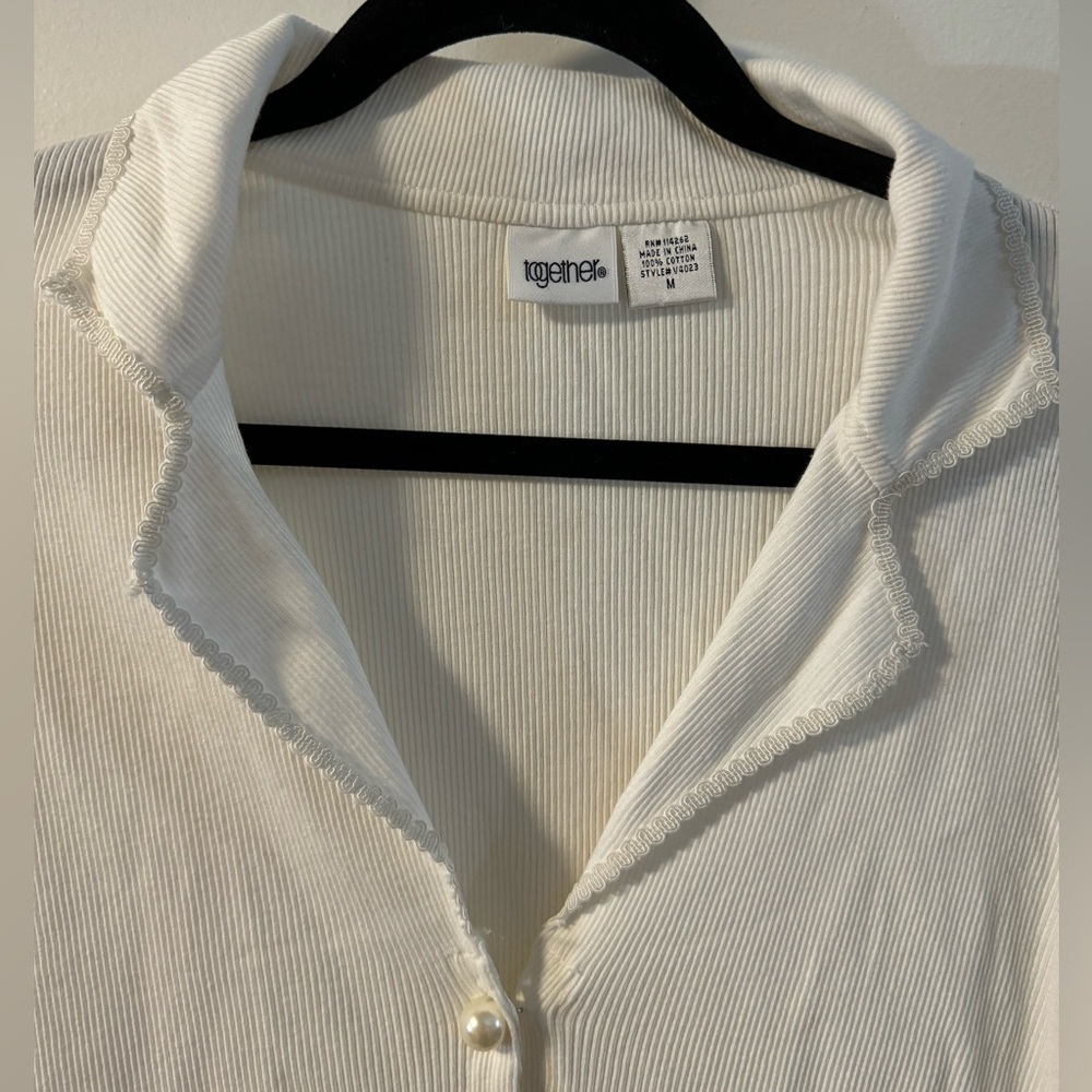 90’s Rib Knit Pearl Button Up Scallop Collar Cardigan Cotton Girly Whimsical VTG - Picture 11 of 13